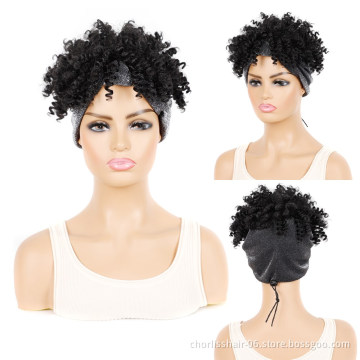 Wholesale Ombre Short Black Kinky Curly Fluffy Turban Wigs Heat Resistant Afro Synthetic Headband Attached Wigs For Black Women